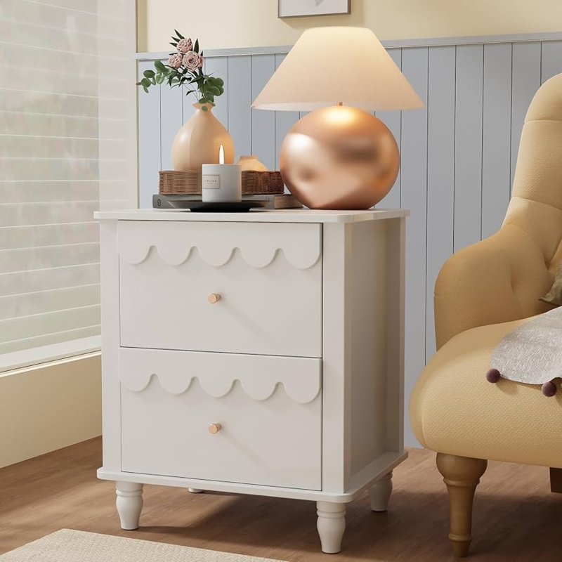 White Nightstand with Carved Petal Pattern and Tapered Wood Legs