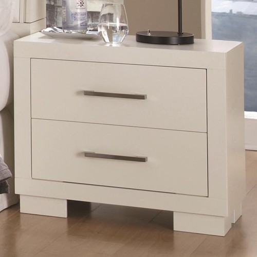 White Nightstand with Cutout Handles and Two Drawer Storage