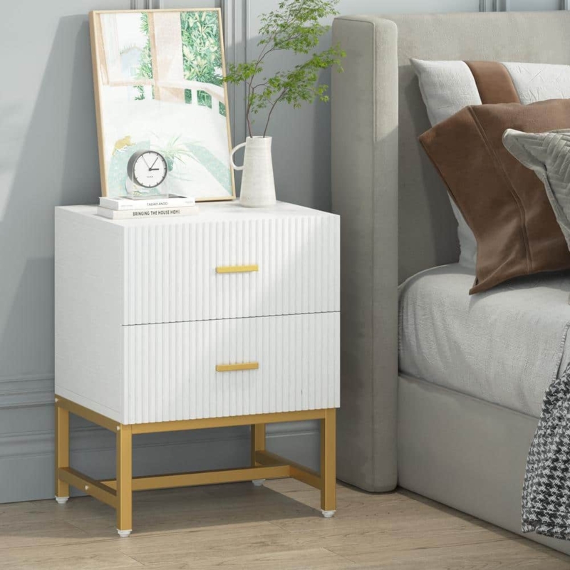 White Nightstand with Geometric Texture and Gold X-Frame Base