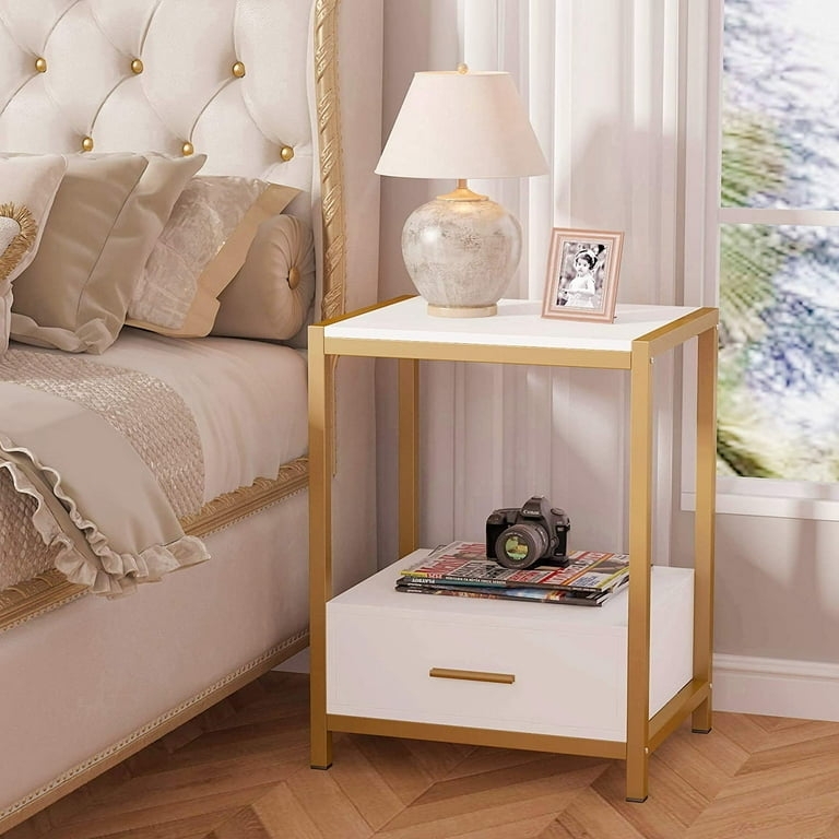 White Nightstand with Gold Metal Frame and Central Open Shelf