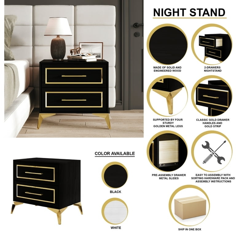 White Nightstand with Gold Rectangular Pulls and Square Metal Base