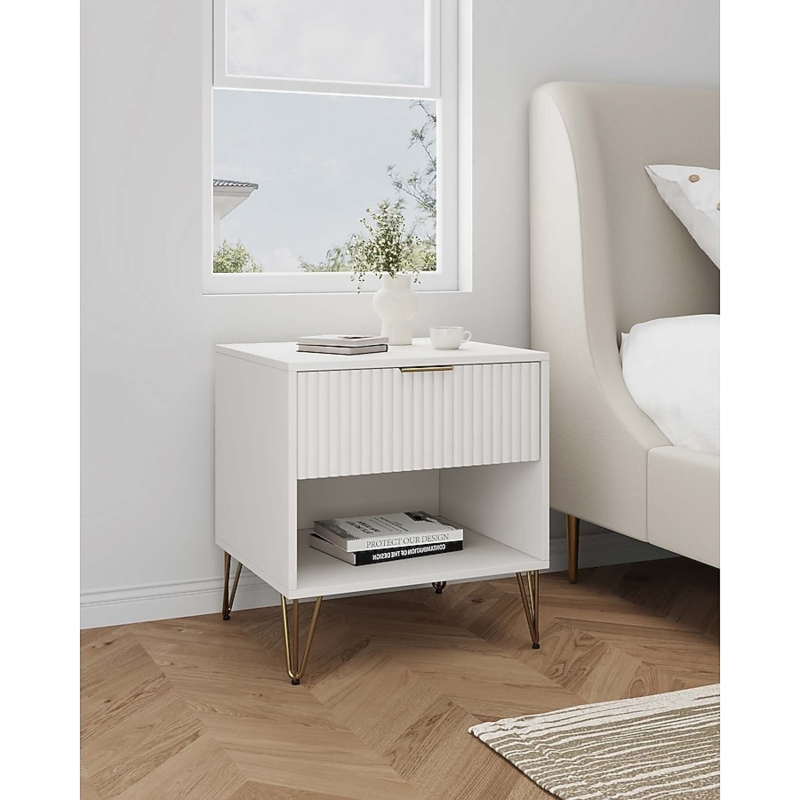 White Nightstand with Open Cubby and Gold Legs