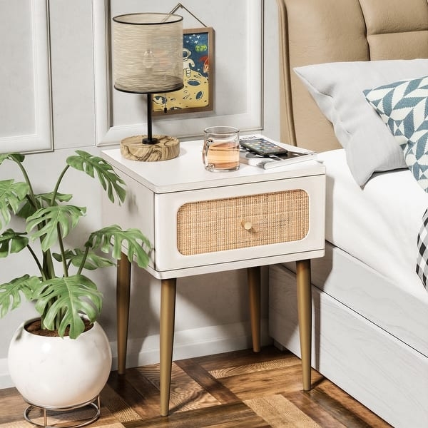 White Nightstand with Rattan Drawer, Gold Pull, and Open Shelf
