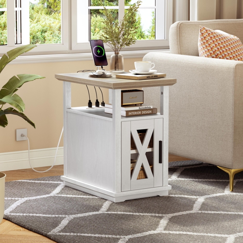 White Nightstand with Storage Cabinet, X-Brace Sides, Charging Station.
