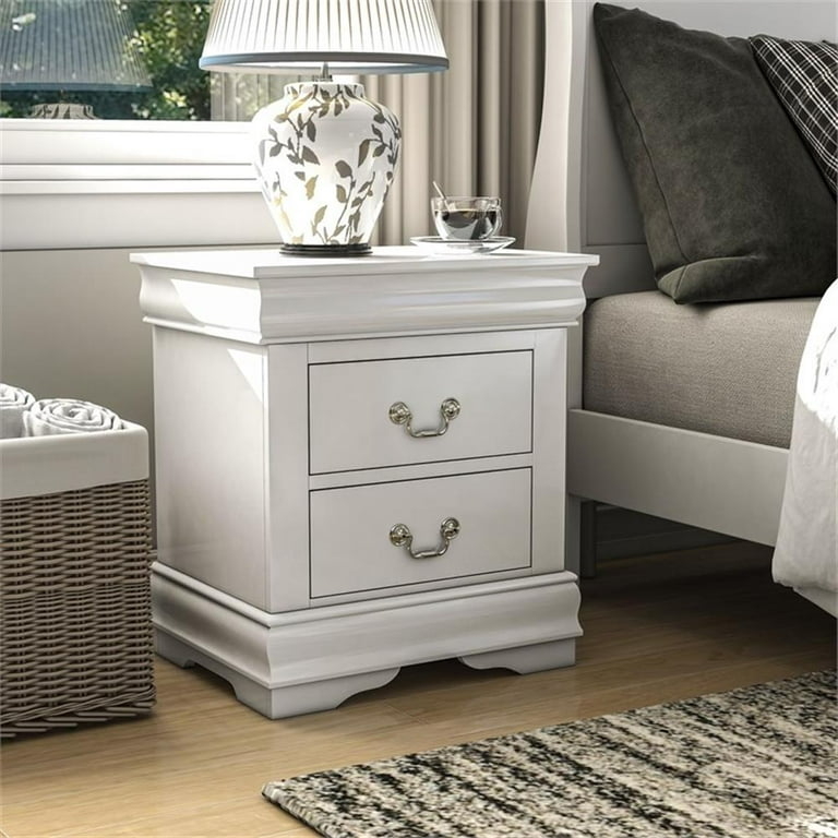 White Nightstand with Two Drawers and Gold Metal Base Frame