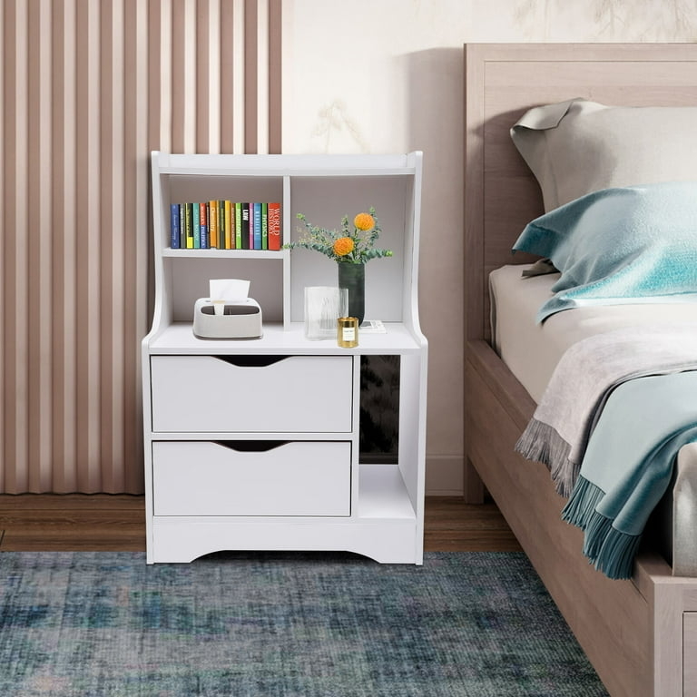White Nightstand with Two Drawers, Small Knobs, and Open Storage Shelf