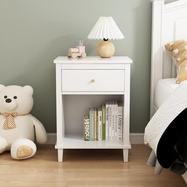 White Nightstand with X-Frame Sides, Single Drawer, and Open Shelf