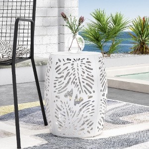 White Outdoor Side Table with Tropical Leaf Cut-Outs and Barrel Shape