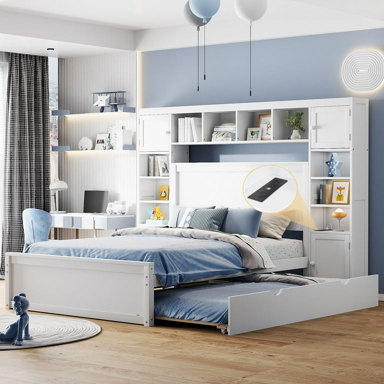 White Platform Bed with Sliding Door Bookcase and Trundle