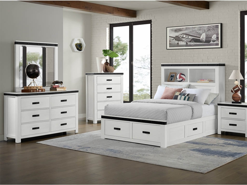 White Platform Bed with Storage and Integrated Footboard Drawers