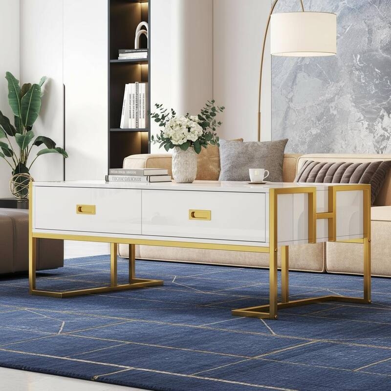 White Rectangular Coffee Table with Ribbed Surface and Hidden Drawers