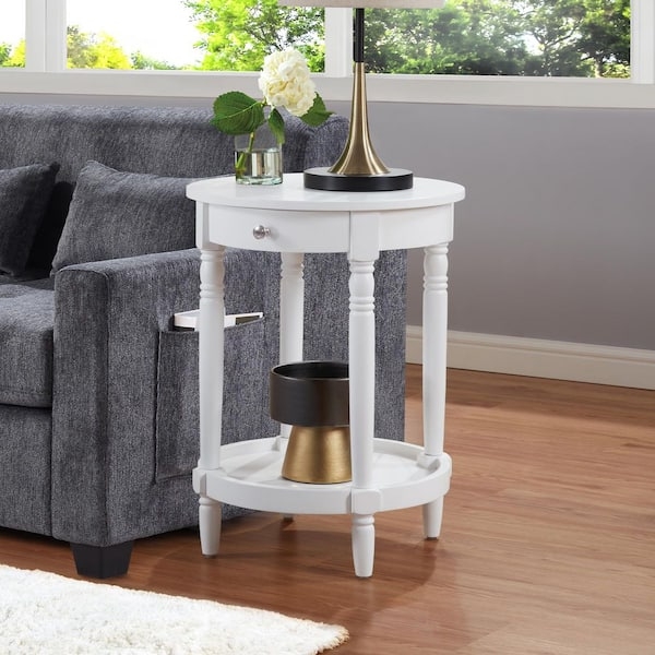 White Round End Table with Turned Legs and Shelf