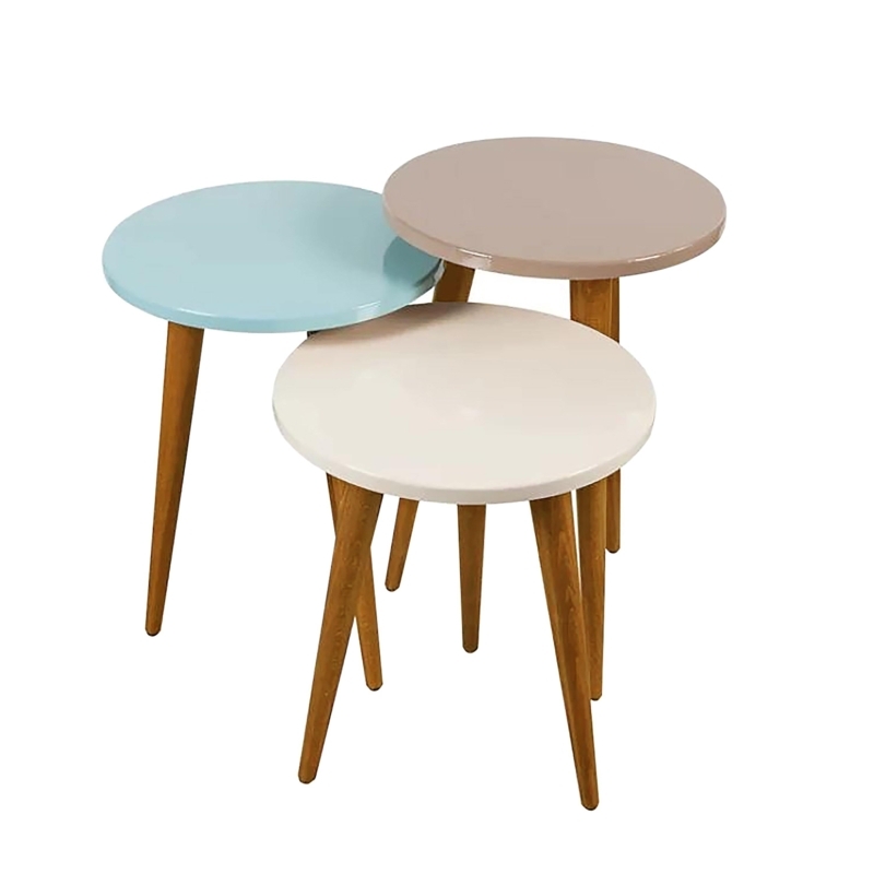 White Round Nesting Coffee Tables Scandinavian Wood Tripod Legs