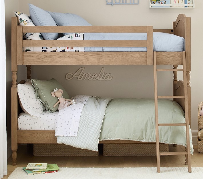 White Slatted Twin Bunk Bed with Integrated Ladder; Coastal Kids Room.