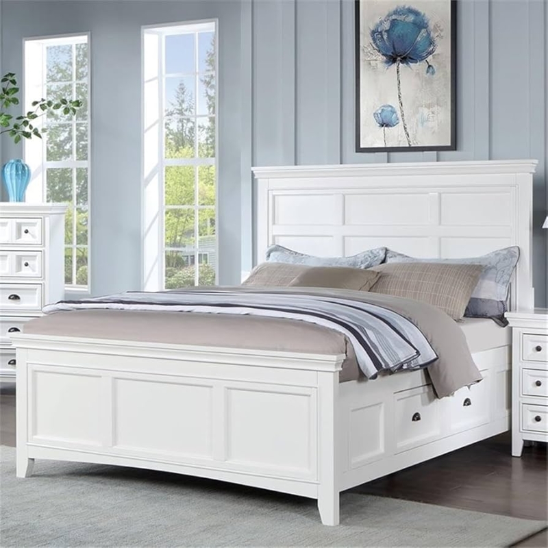 White Storage Bed Built-in Drawers Paneled Headboard