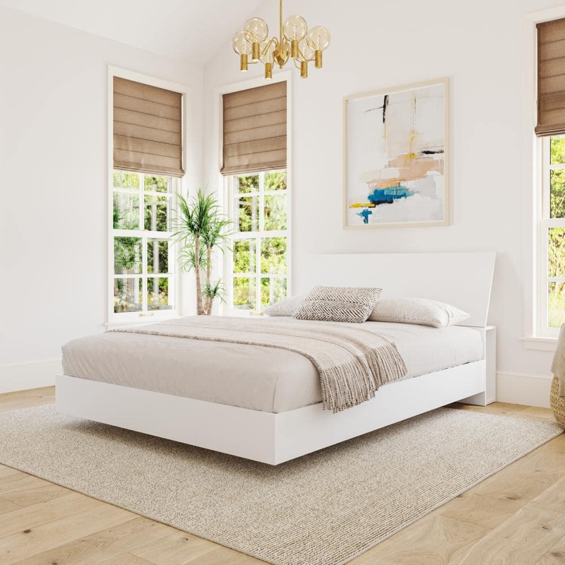 White Storage Platform Bed with Integrated Bookcase Headboard Shelves.