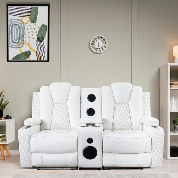 White Theater Seating Loveseat featuring Six Cup Holders and LED