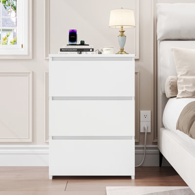 White Three Drawer Nightstand with Built-In Charging Station