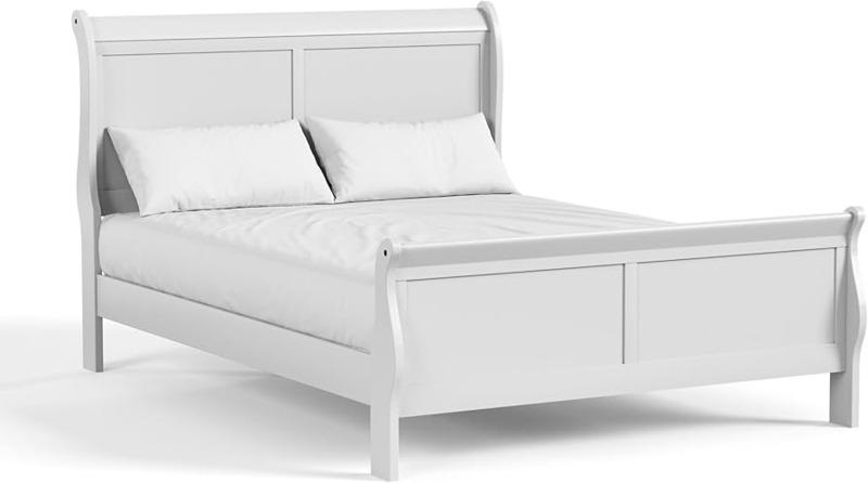White Traditional Sleigh Bed with Recessed Paneling and Curves