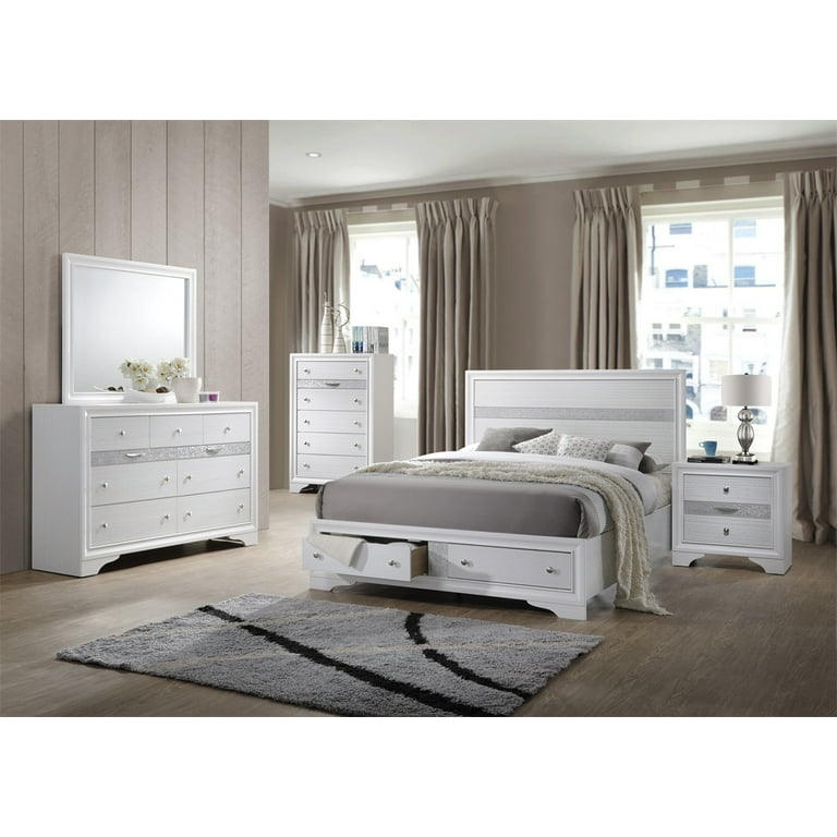 White Transitional Bedroom Set Slatted King Bed Dresser Mirror