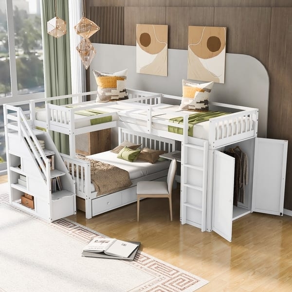 White Triple Bunk Bed with L-Shaped Layout and Integrated Wardrobe