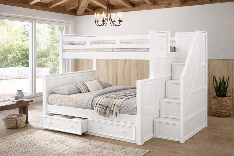 White Twin Over Full Bunk Bed with Integrated Storage Staircase