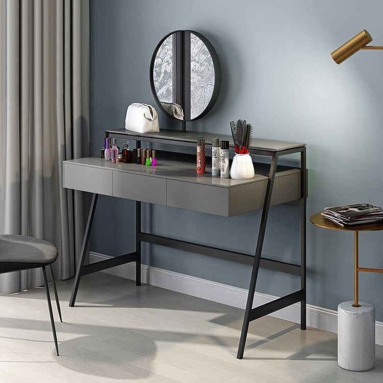White Two-Tier Makeup Dressing Table with Polished Frame & Round Mirror