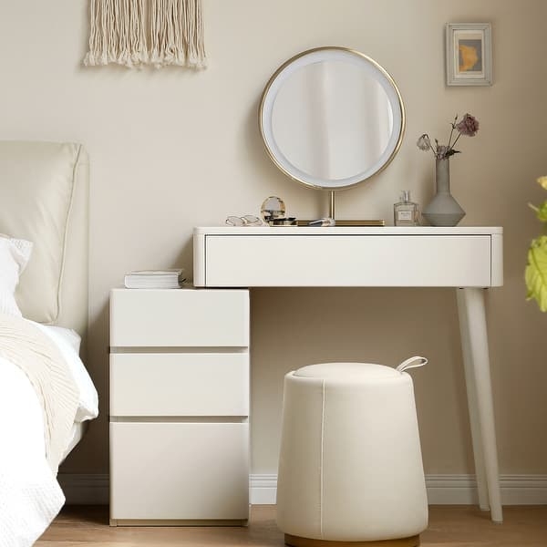 White Vanity against Slatted Wood Feature Wall with Round Mirror