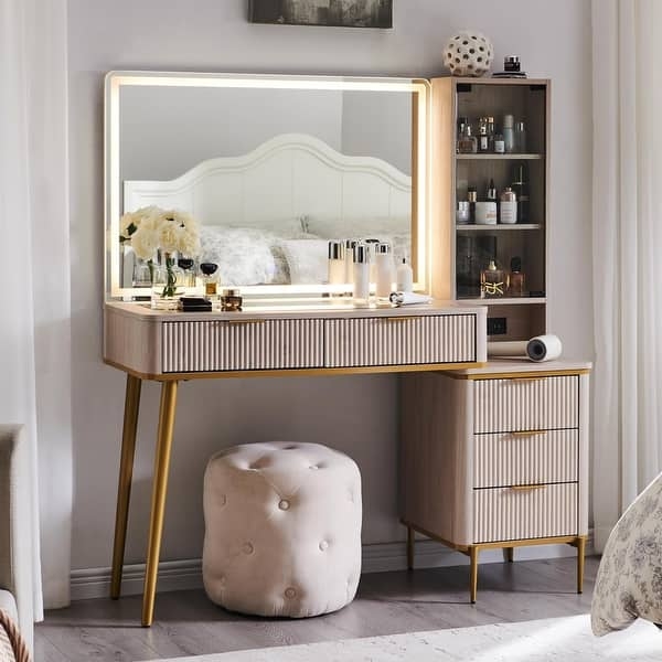 White Vanity Desk, Illuminated Round Mirror, Gold Legs, Faux Fur Stool Set.
