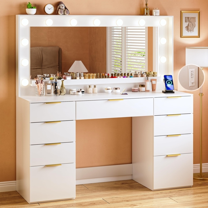 White Vanity Desk with Nine Drawers and Integrated Power Outlet