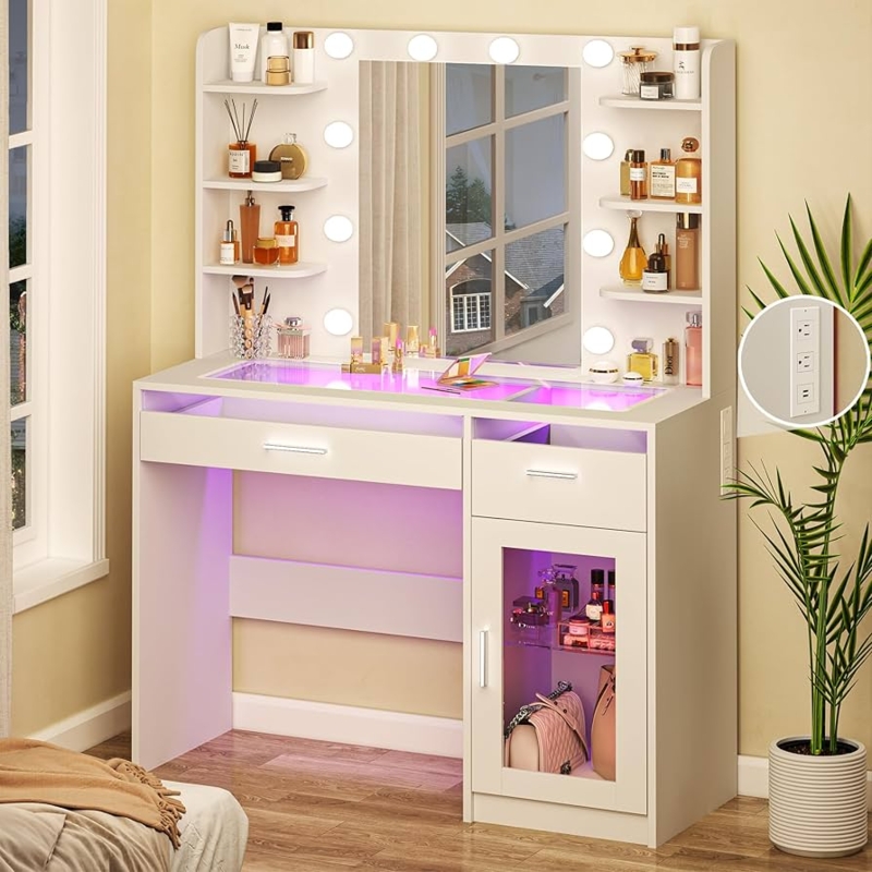 White Vanity Desk with Transparent Glass Top and RGB Lighting