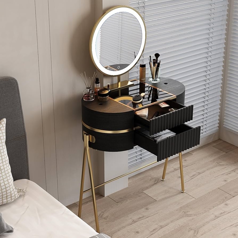 White Vanity Set with Glass Top, Tapered Metal Legs, LED Mirror