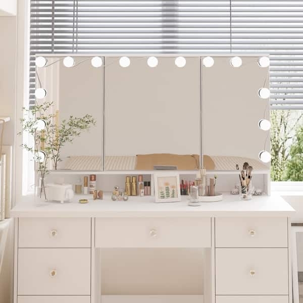 White Vanity Table Set, Nine Drawers, Hollywood Mirror, Crystal Knobs.