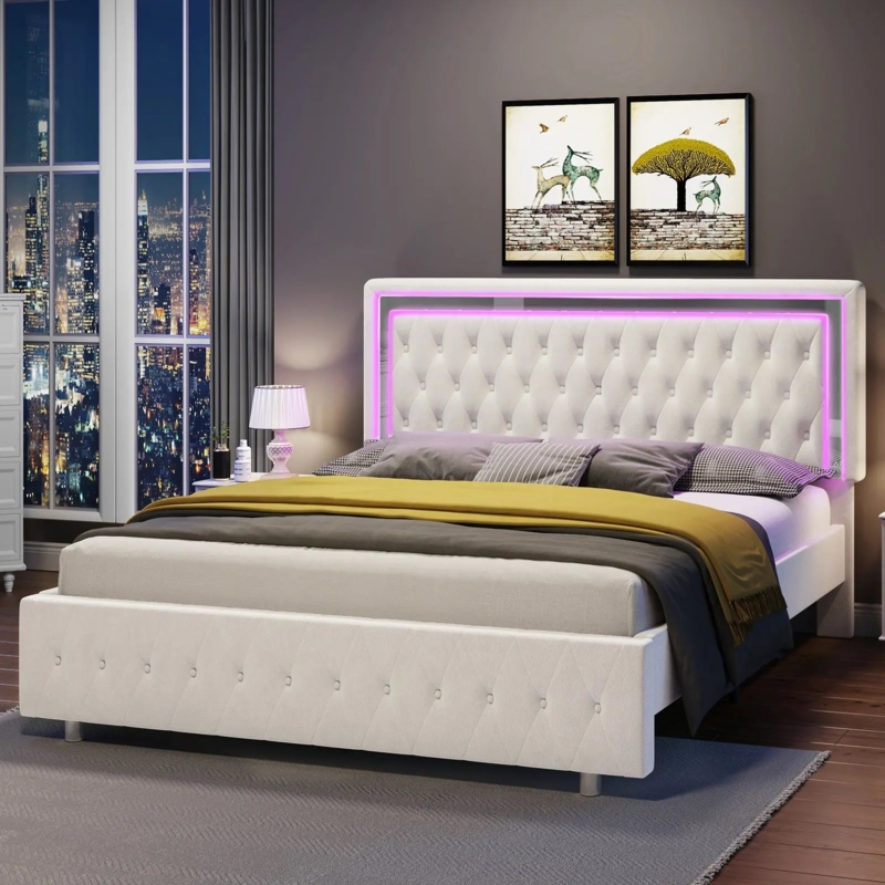 White Velvet-like Bed Frame with Vertical Channel Tufting and LEDs