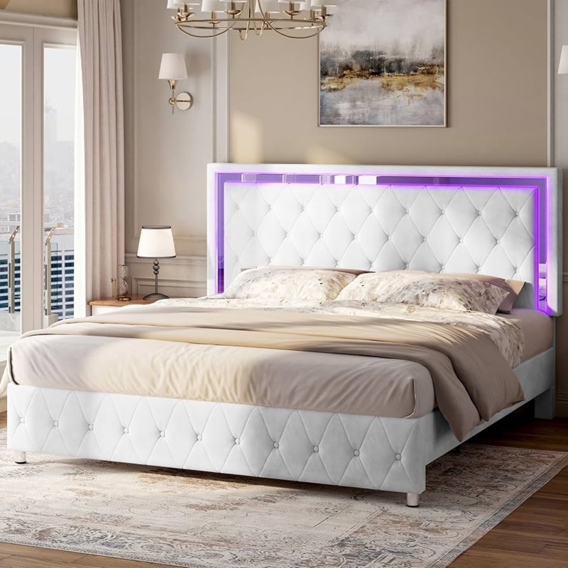 White Velvet-like Platform Bed with Wingback Silhouette and LEDs