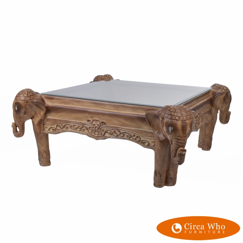 White Wicker Coffee Table with Sculptural Elephant Base Design