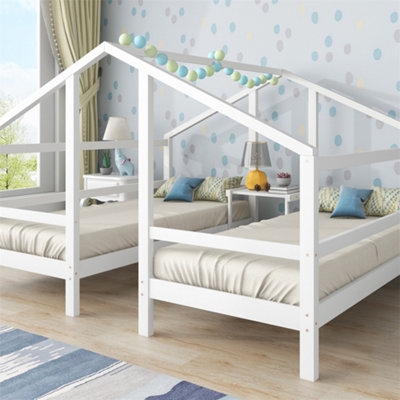 White Wooden House Bed Frame with Gabled Roof Shared Nursery