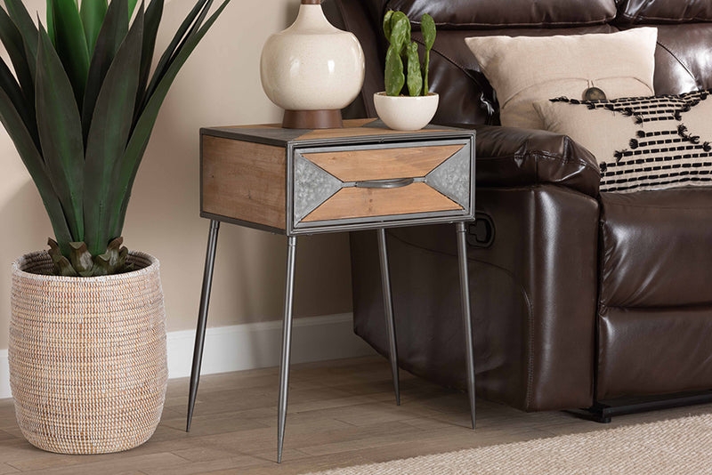 Whitewashed Oak Nightstand with Metal X-Frame Sides and Rustic Finish
