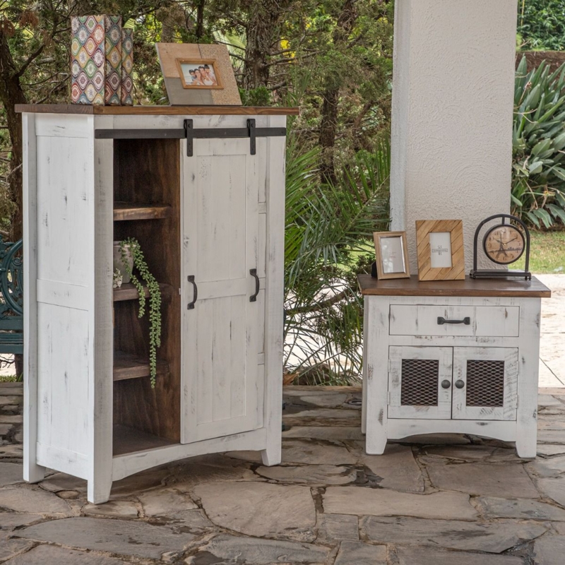 Whitewashed Sliding Barn Door Nightstand with Dark Wood Top