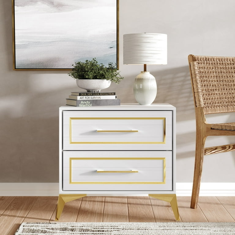 Whitewashed Wood Nightstand with Gold Ring Pulls and Bun Feet