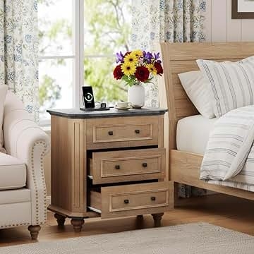 Wide Dark Wood Nightstand with Brushed Gold Bar Pulls