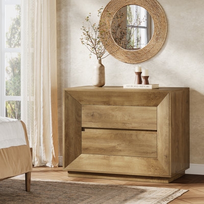 Wide Nightstand Dark Espresso Two Drawers Recessed Handles Modern