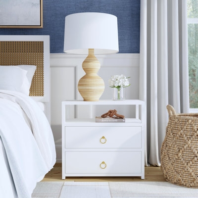 Wide Profile Nightstand with Gold Bar Pulls Transitional Storage