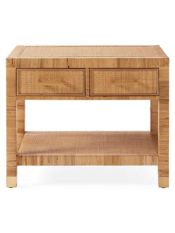 Wide Rattan Nightstand with Brass Hardware Plinth Base Honey Tone