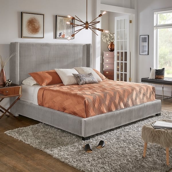 Wingback Bed Beige Woven Fabric Vertical Pleated Headboard Design