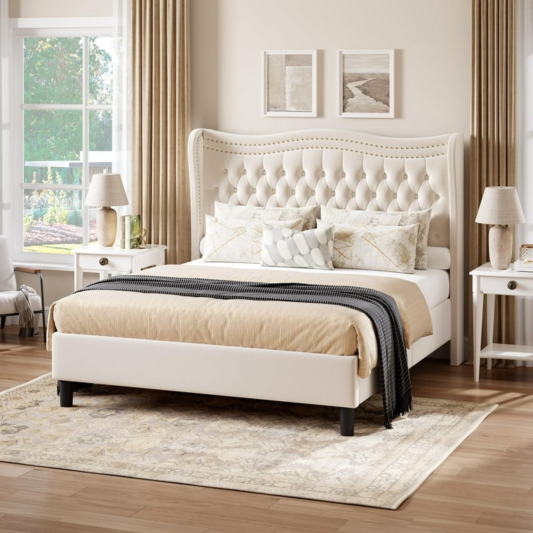 Wingback Bed Black Velvet Silver Nailhead Trim High Headboard Glam