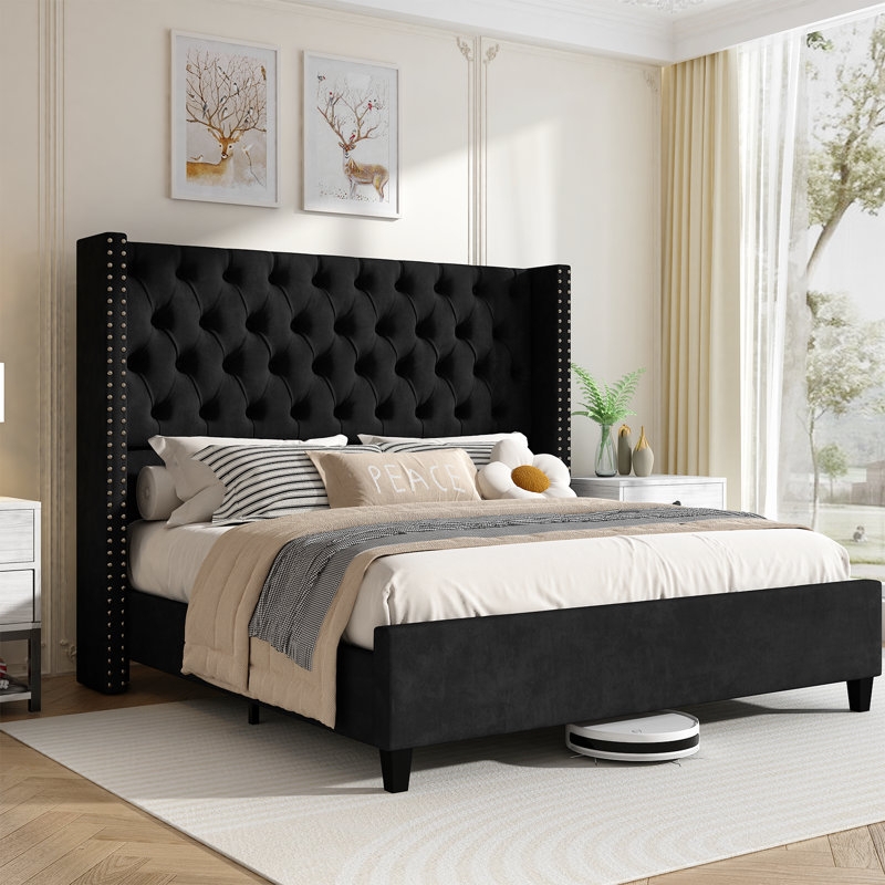 Wingback Bed Black Velvet Vertical Channel Tufting Gold Metal Trim