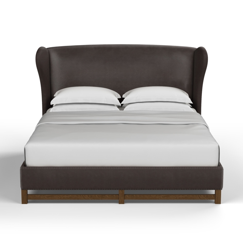 Wingback Bed Chocolate Leather-Like Tapered Wood Legs Transitional