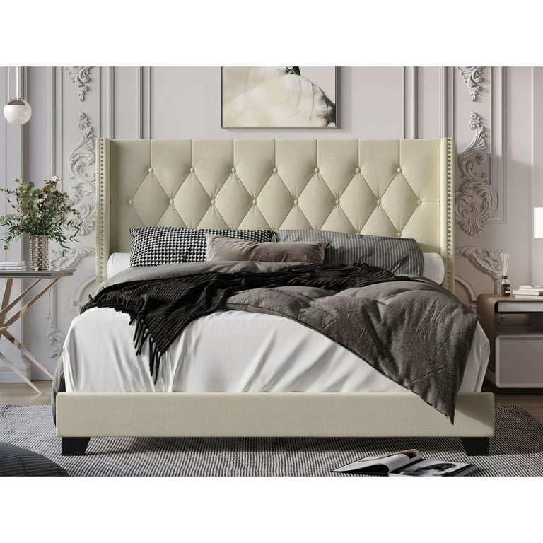 Wingback Bed featuring Diamond Tufting and Beige Upholstery
