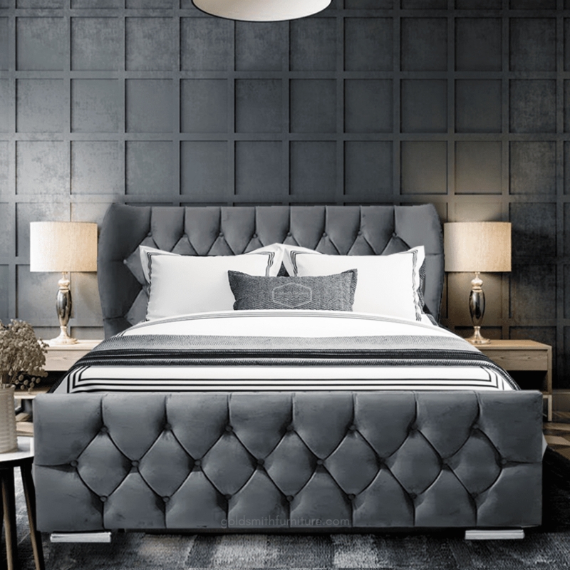 Wingback Bed Ivory Deep Diamond Button Tufting Tall Headboard